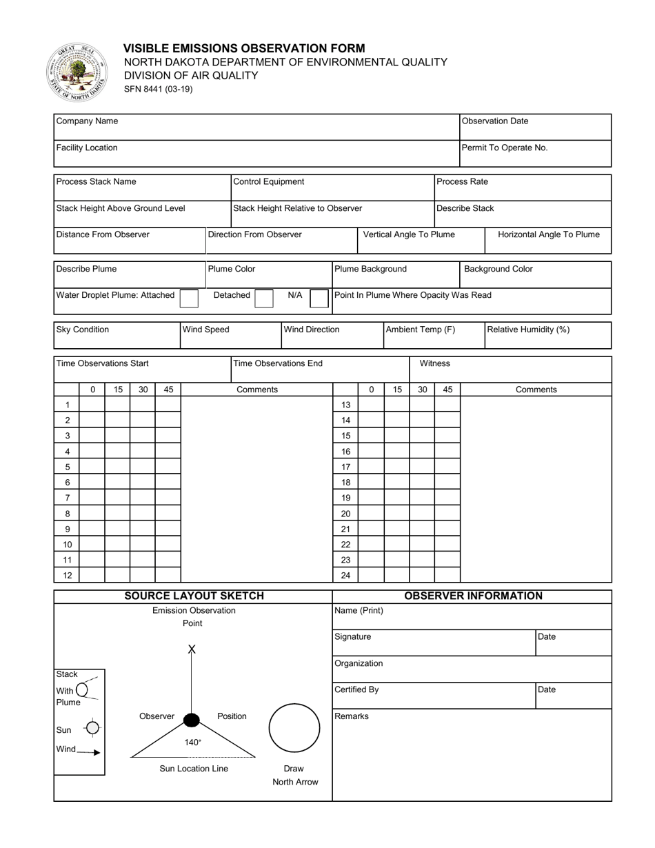 Form SFN8441 Visible Emissions Observation Form - North Dakota, Page 1
