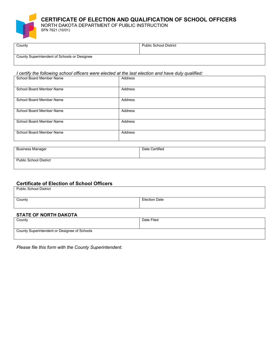 Form SFN7621 Certificate of Election and Qualification of School Officers - North Dakota, Page 1