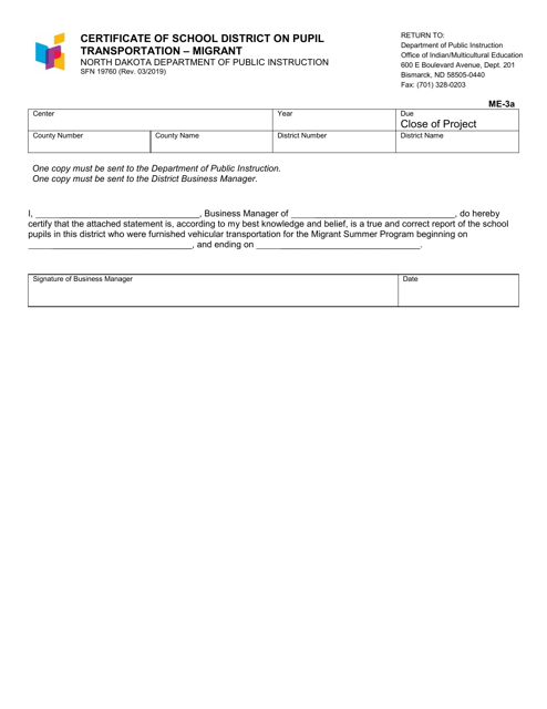 Form SFN19760 Certificate of School District on Pupil Transportation - Migrant - North Dakota