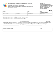 Form SFN19760 &quot;Certificate of School District on Pupil Transportation - Migrant&quot; - North Dakota