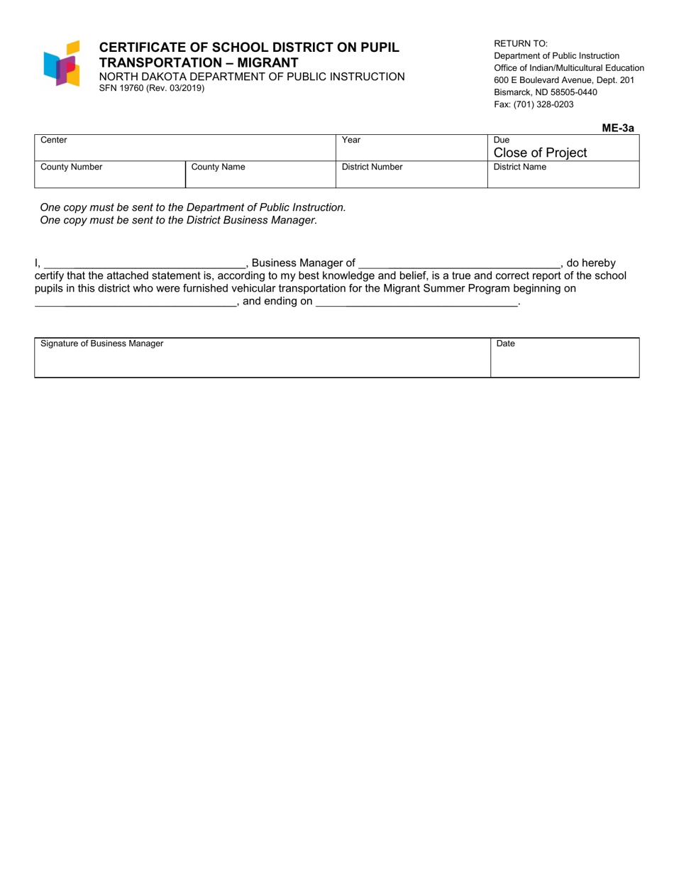 Form SFN19760 Certificate of School District on Pupil Transportation - Migrant - North Dakota, Page 1