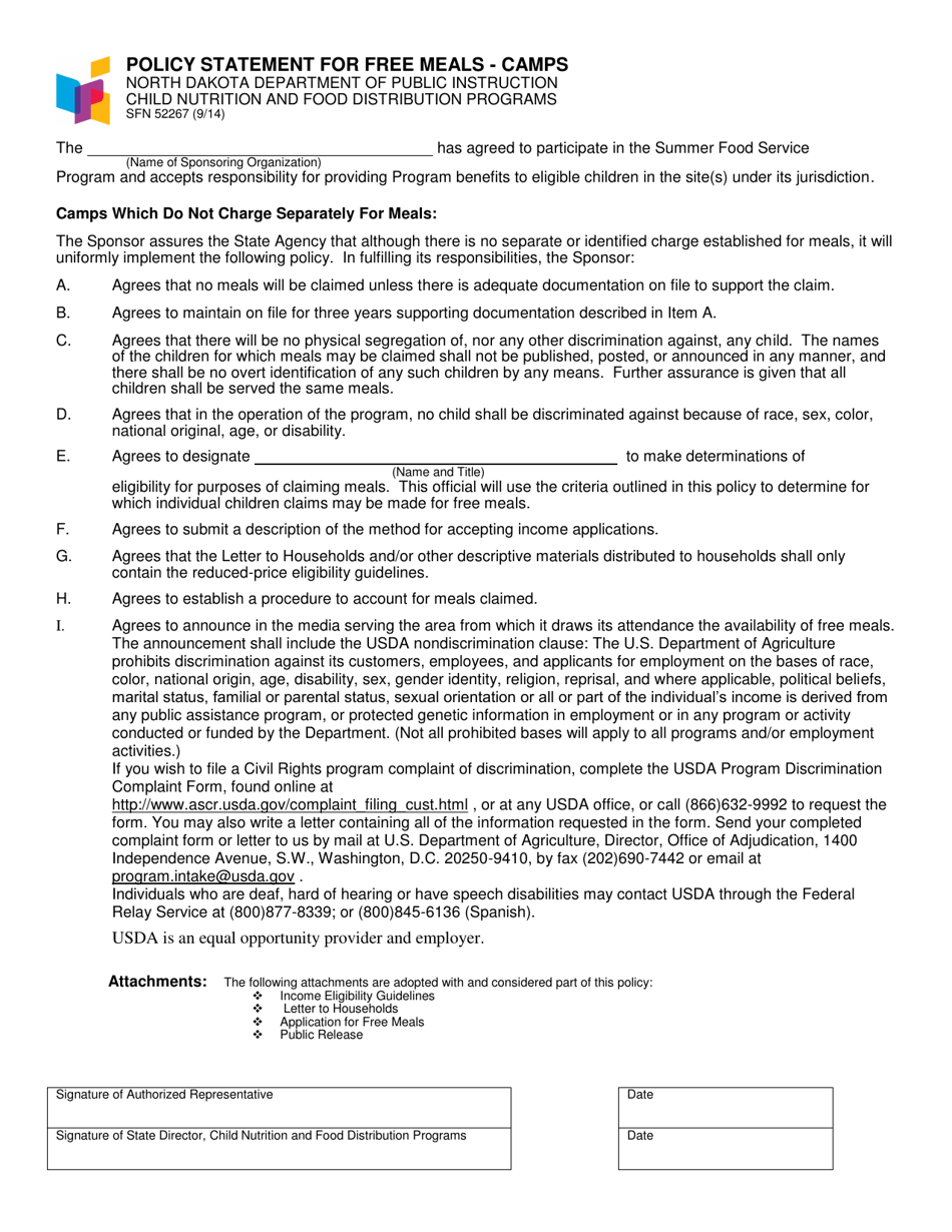Form SFN52267 Policy Statement for Free Meals - Camps - North Dakota, Page 1