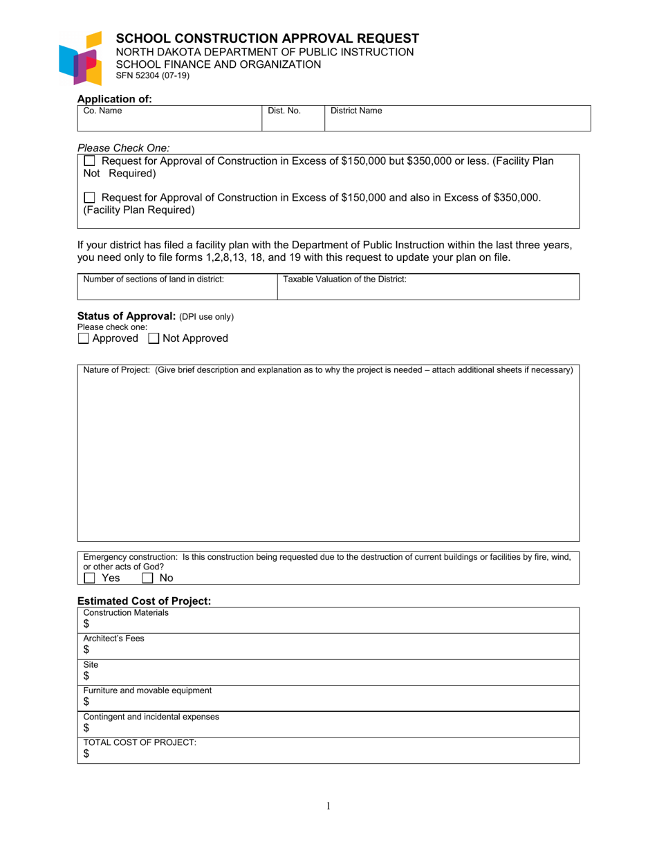 Form SFN52304 School Construction Approval Request - North Dakota, Page 1