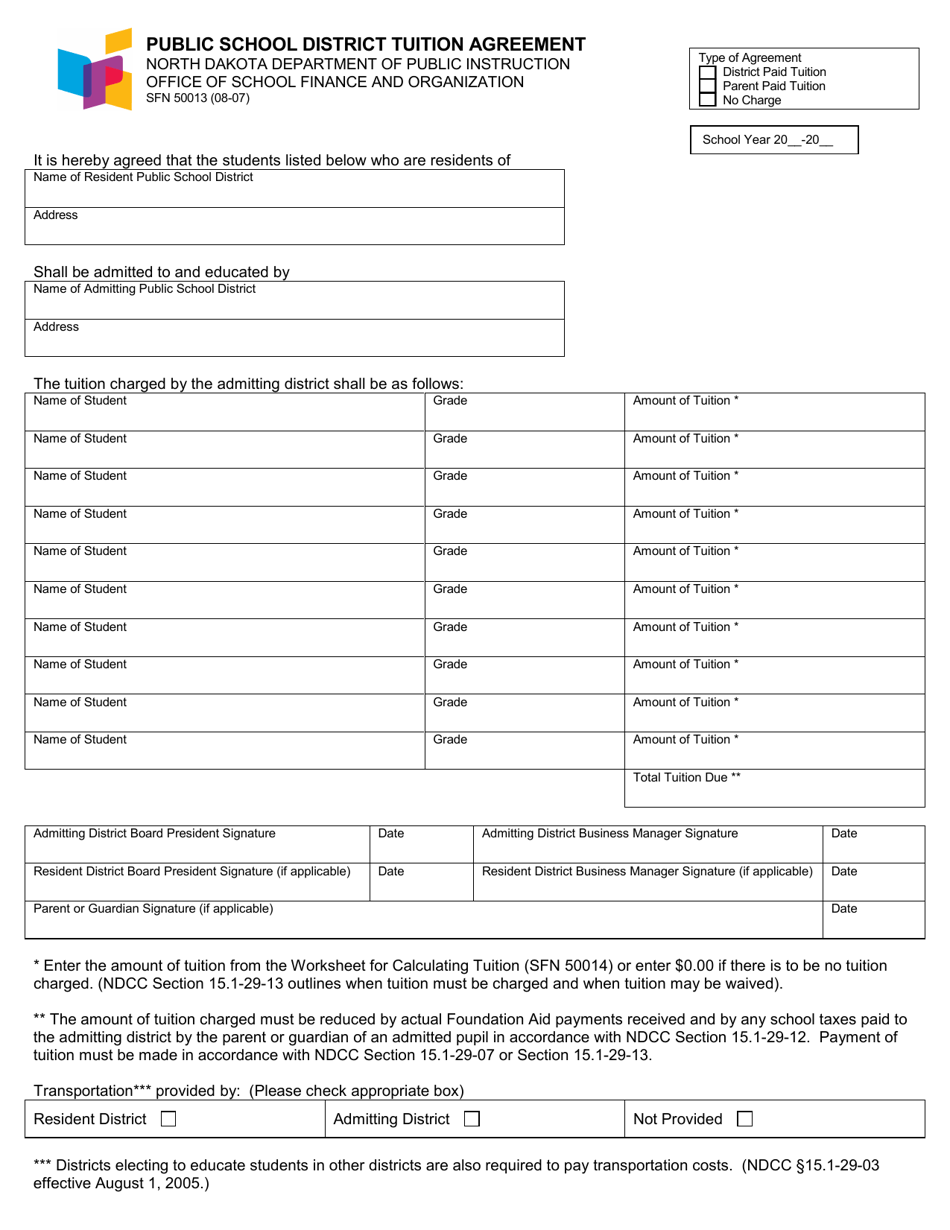 Form SFN50013 Public School District Tuition Agreement - North Dakota, Page 1