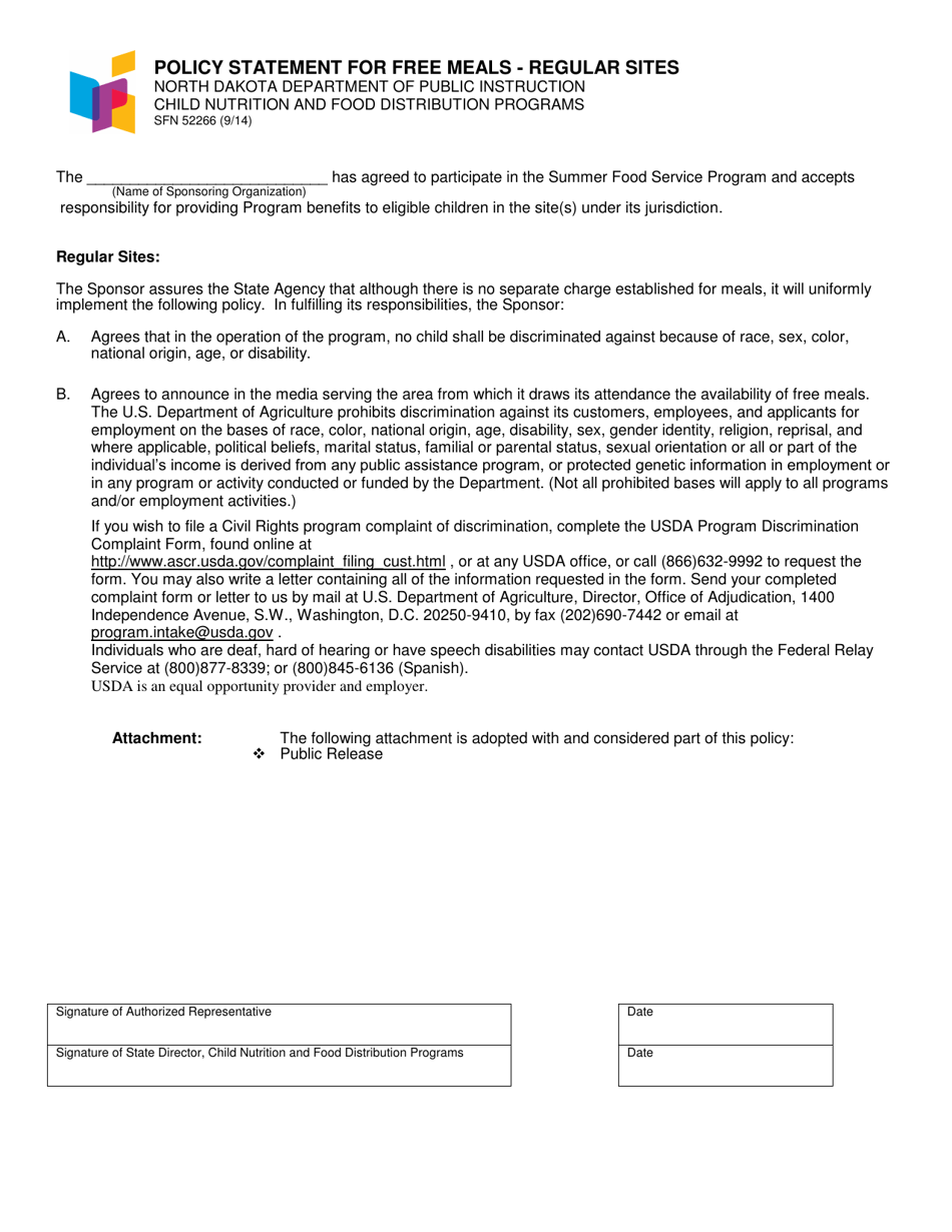 Form SFN52266 Policy Statement for Free Meals - Regular Sites - North Dakota, Page 1
