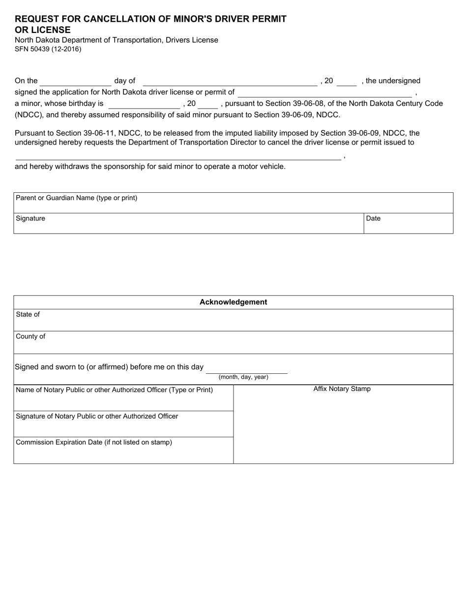Form SFN50439 Request for Cancellation of Minors Drivers Permit or License - North Dakota, Page 1