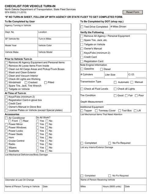 Form SFN50652 Checklist for Vehicle Turn-In - North Dakota
