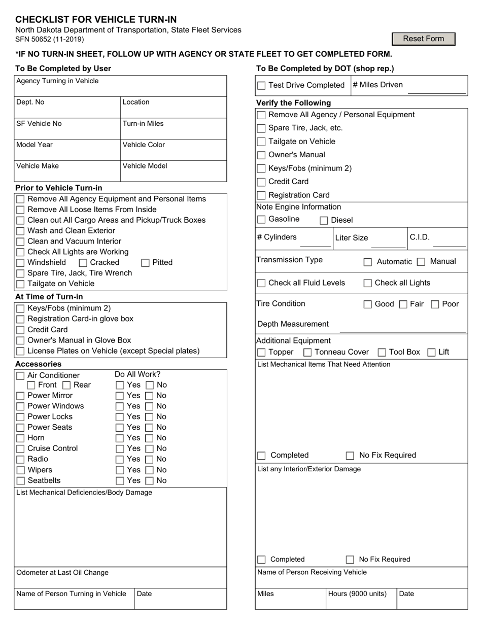 Form SFN50652 Checklist for Vehicle Turn-In - North Dakota, Page 1