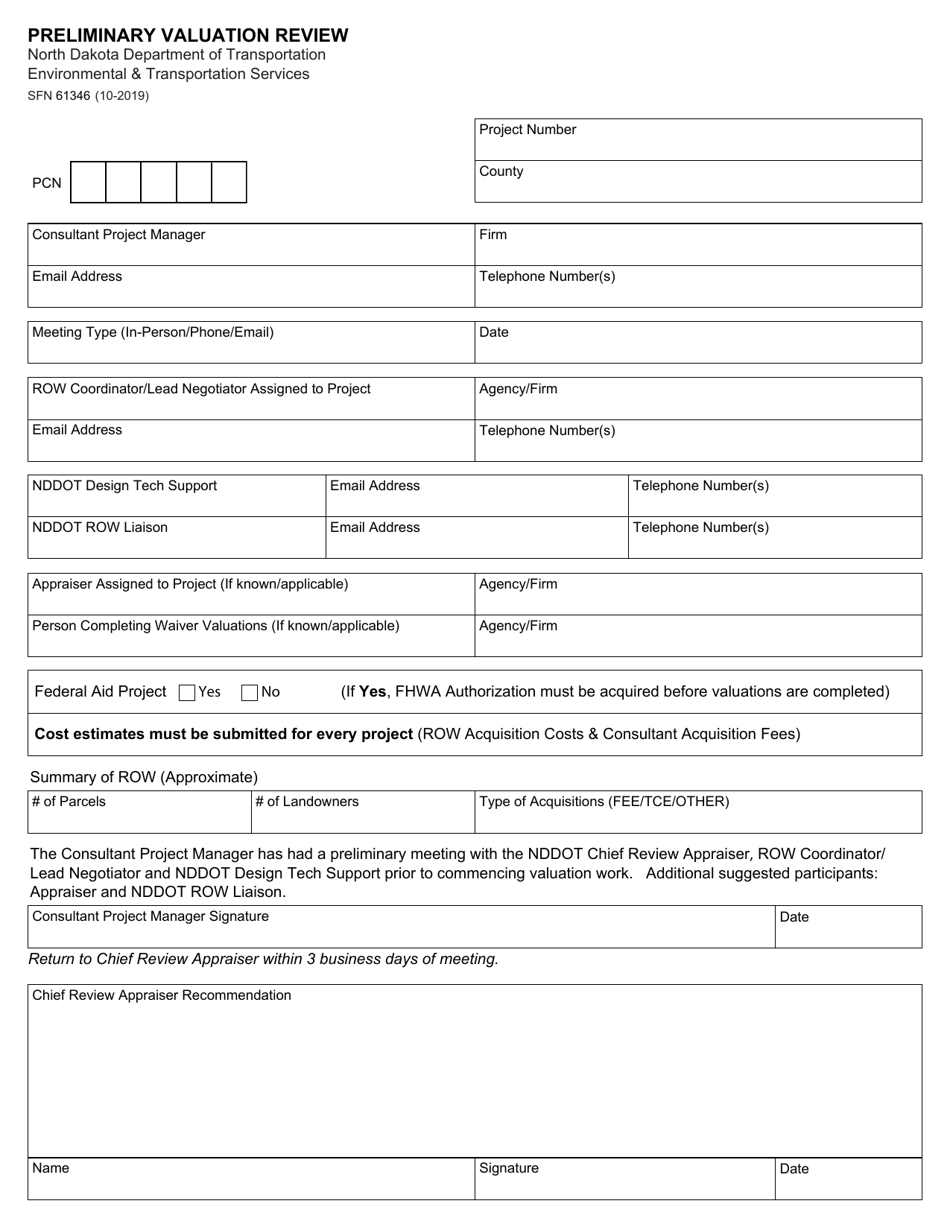 Form SFN61346 Preliminary Valuation Review - North Dakota, Page 1