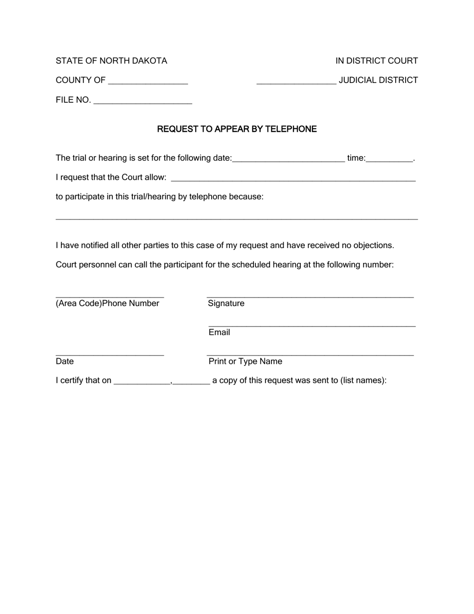 Request to Appear by Telephone - North Dakota, Page 1