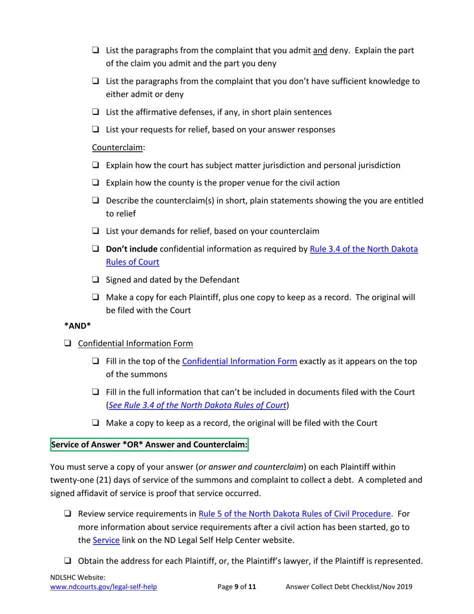 Answering a Debt Collection Summons and Complaint - Checklist - North Dakota, Page 9