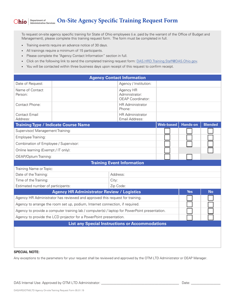 On-Site Agency Specific Training Request Form - Ohio, Page 1