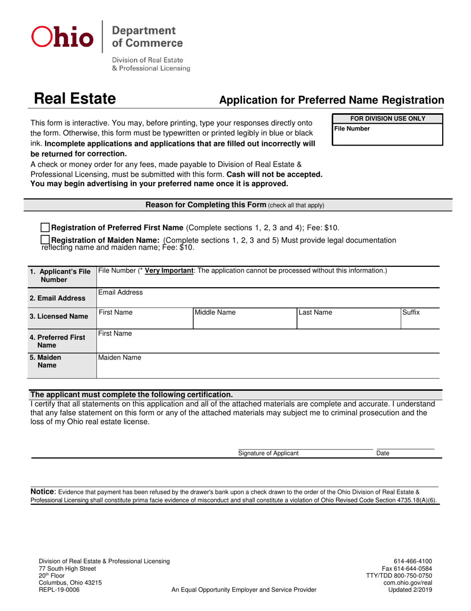 Form REPL-19-0006 Preferred Name Registration - Ohio, Page 1