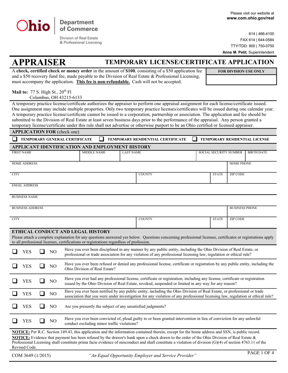Form COM3649 Temporary Appraiser License / Certificate Application - Ohio, Page 1