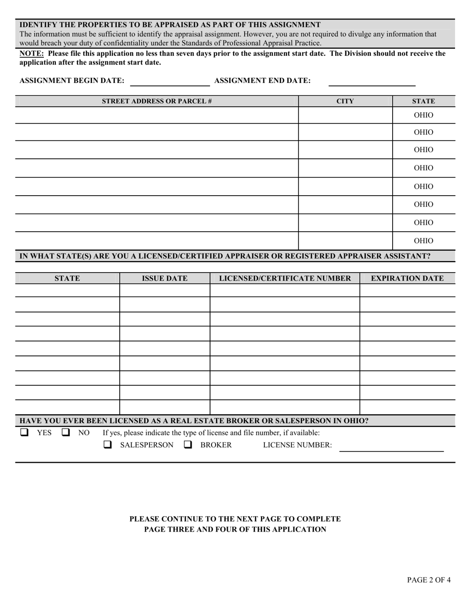 Form COM3649 Temporary Appraiser License / Certificate Application - Ohio, Page 2