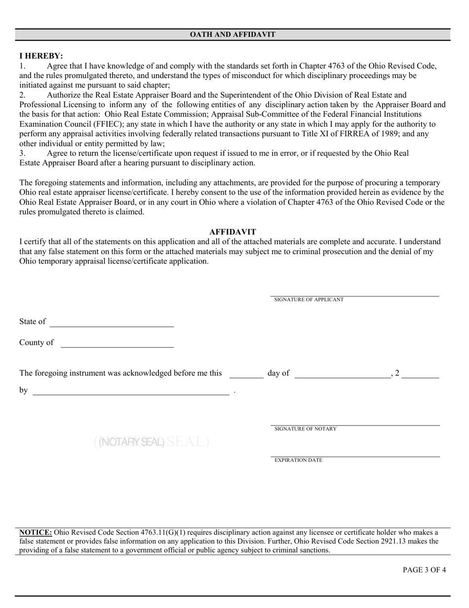 Form COM3649 Temporary Appraiser License / Certificate Application - Ohio, Page 3