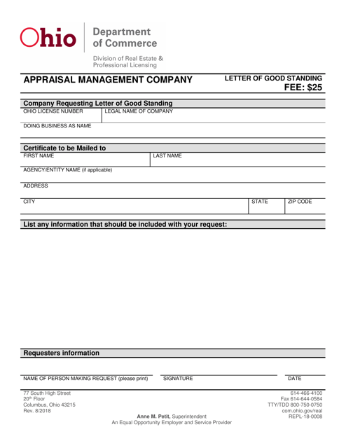 Form REPL-18-0008 Appraisal Management Company Letter of Good Standing - Ohio