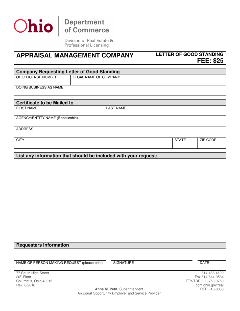 Form REPL-18-0008 Appraisal Management Company Letter of Good Standing - Ohio, Page 1