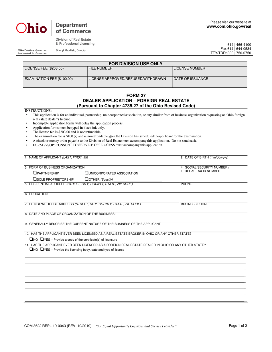 Form 27 (COM3622; REPL-19-0043) Foreign Dealer Application - Ohio, Page 1