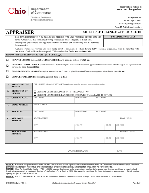 Form COM3656 Appraiser Multiple Change Application - Ohio