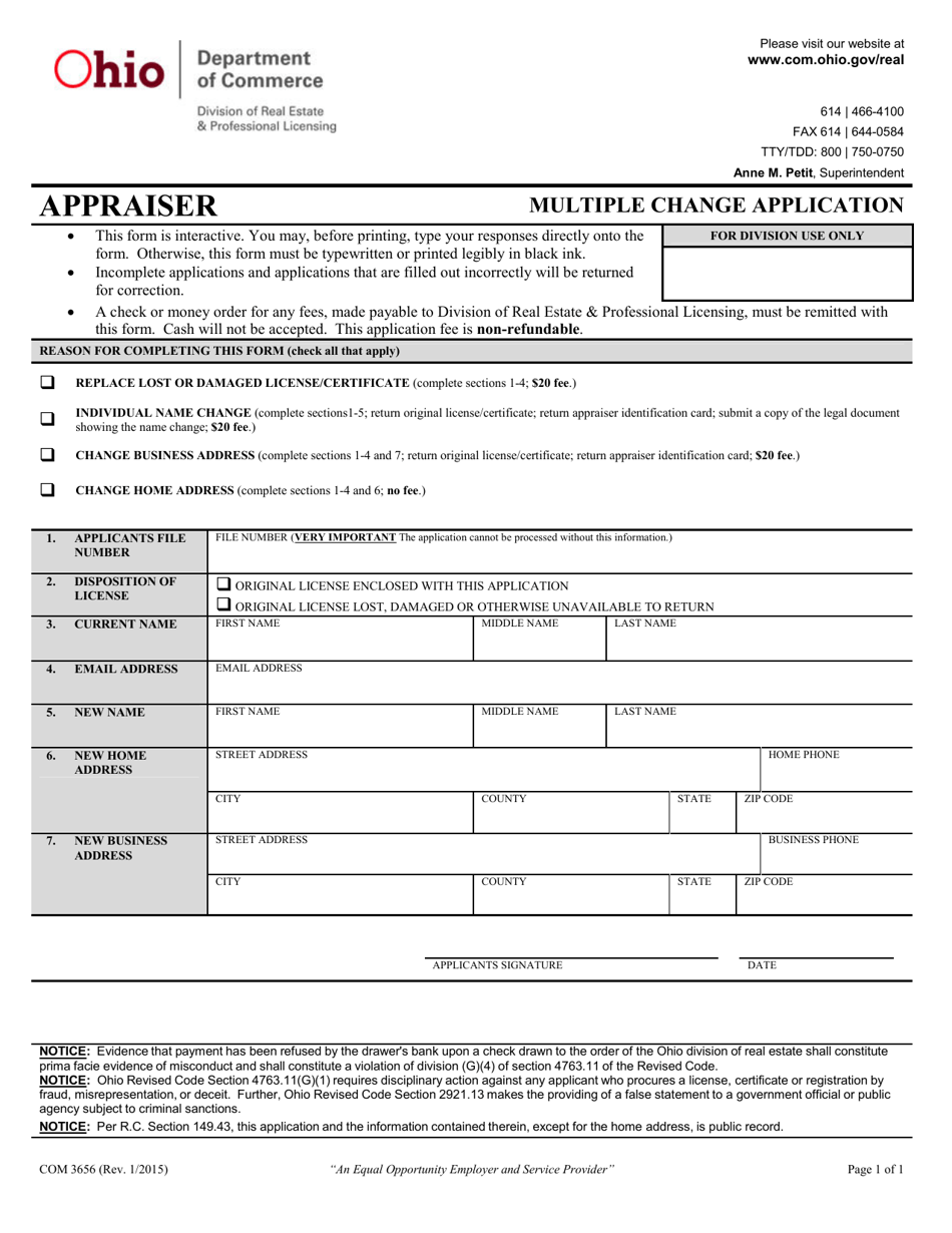 Form COM3656 Appraiser Multiple Change Application - Ohio, Page 1