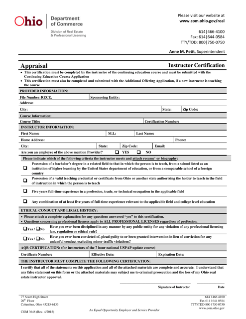 Form COM3648 Appraiser Instructor Certification - Ohio