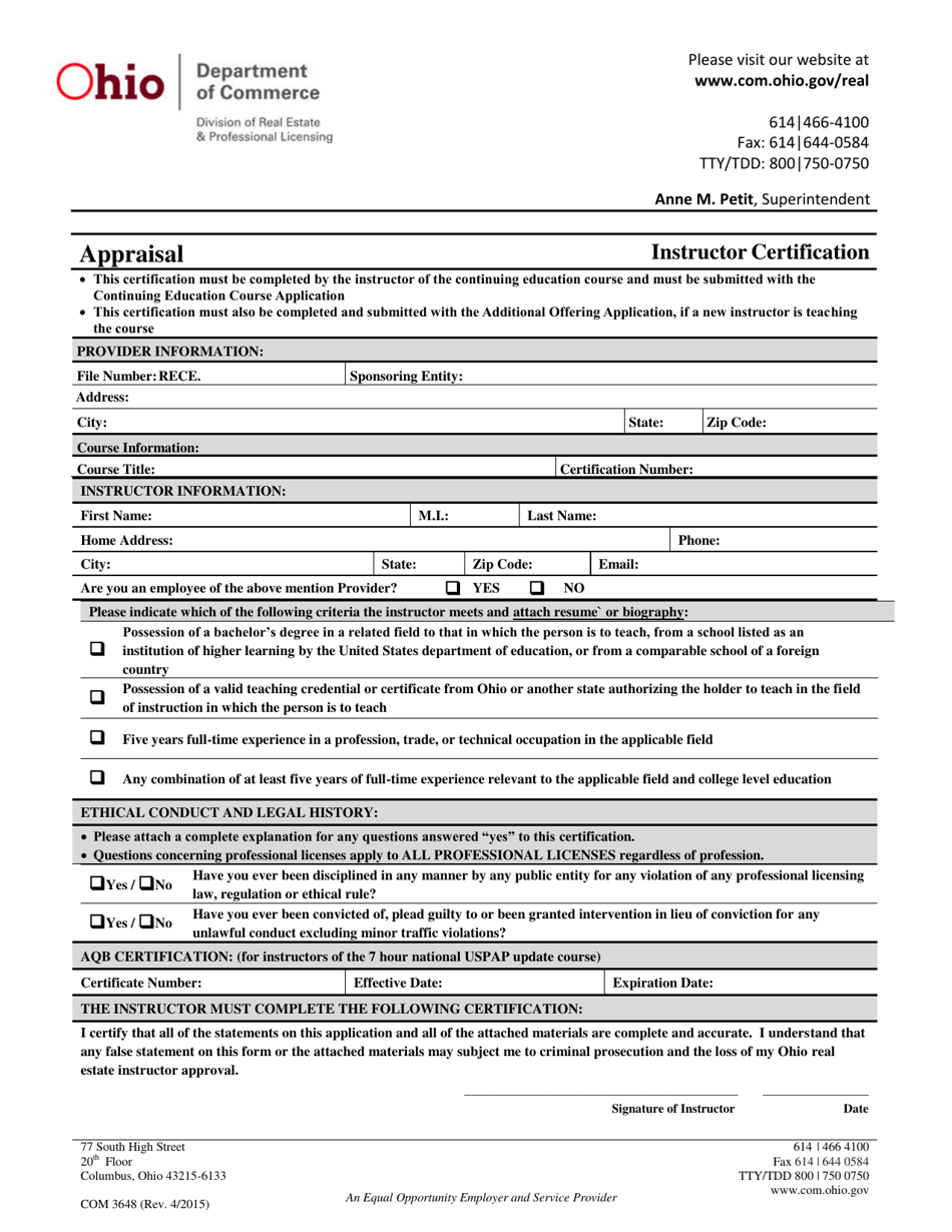 Form COM3648 Appraiser Instructor Certification - Ohio, Page 1