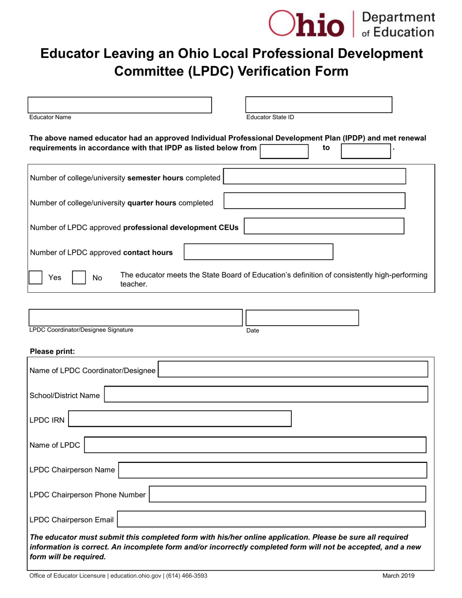 Educator Leaving an Ohio Local Professional Development Committee (Lpdc) Verification Form - Ohio, Page 1