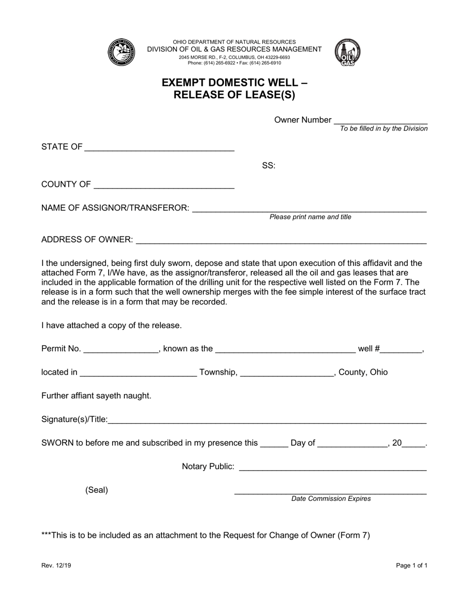 Exempt Domestic Well - Release of Lease(S) - Ohio, Page 1