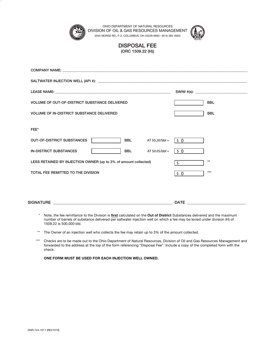 Form DNR-744-1011 Disposal Fee - Ohio, Page 1