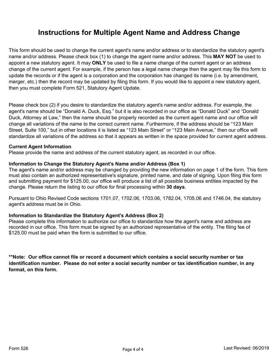 Form 526 Multiple Agent Name and Address Change - Ohio, Page 4