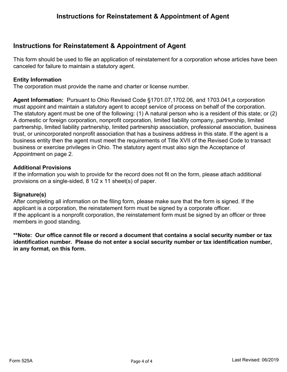 Form 525A Reinstatement  Appointment of Agent - Ohio, Page 4