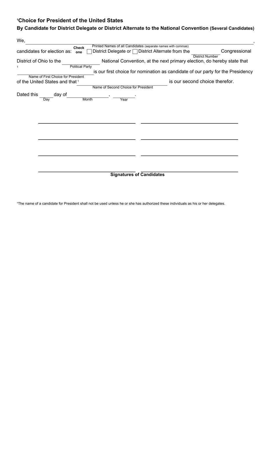 Form 2-QA Declaration of Candidacy - Party Primary Election - for District Delegate or District Alternate to the National Convention (Several Candidates) - Ohio, Page 2