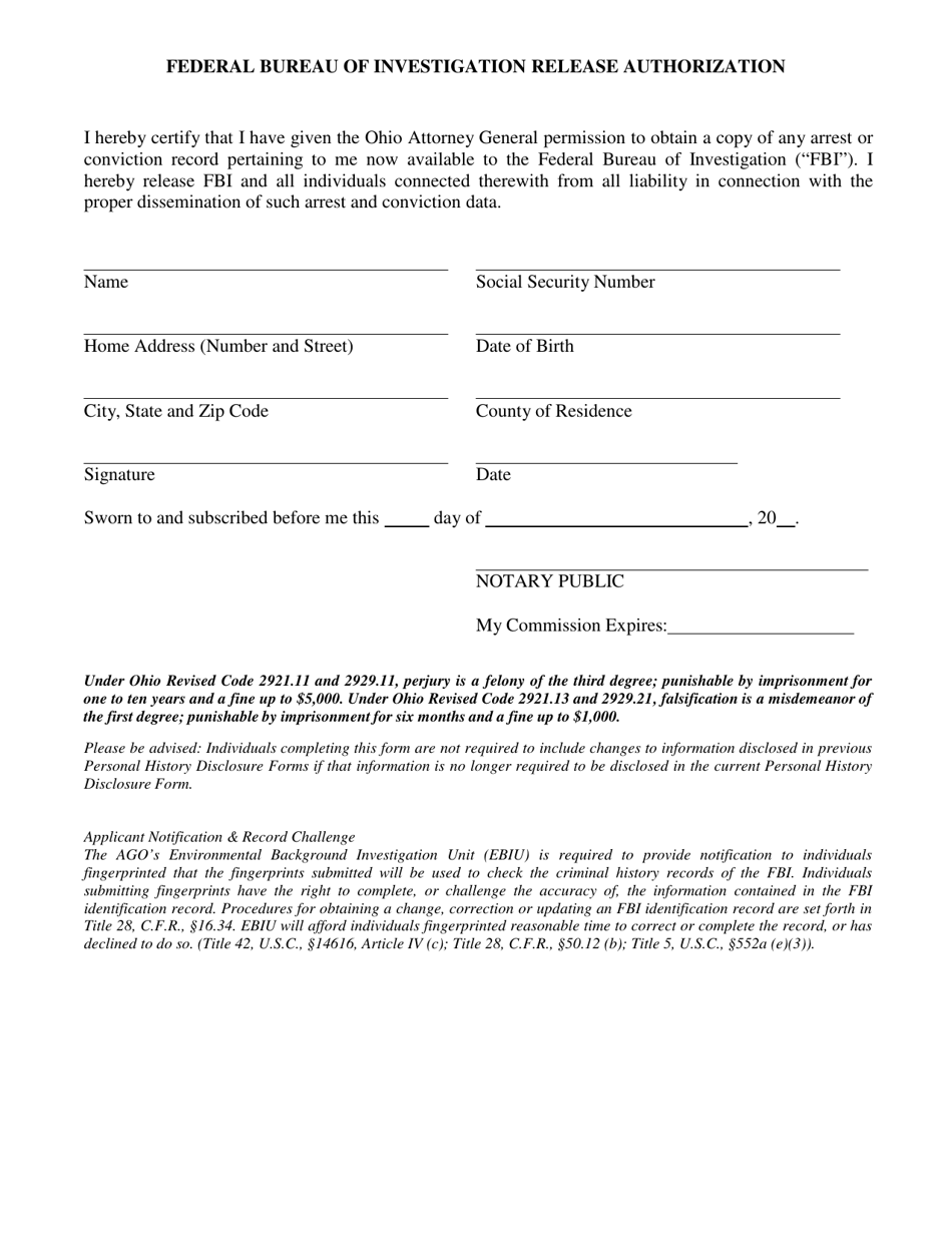 Federal Bureau of Investigation Release Authorization - Ohio, Page 1