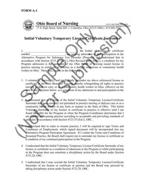 Form A-1 Initial Voluntary Temporary License/Certificate Surrender - Ohio
