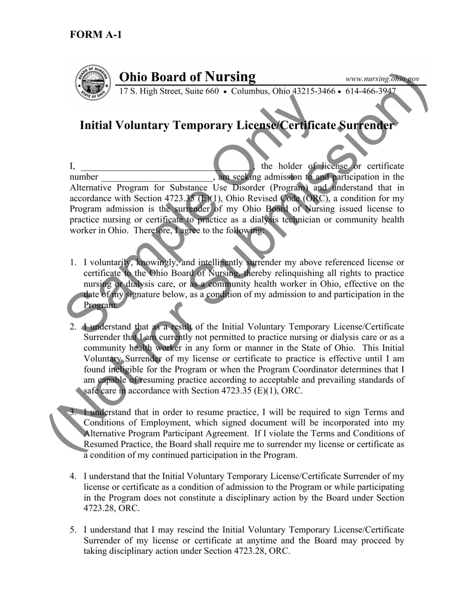 Form A-1 Initial Voluntary Temporary License/Certificate Surrender - Ohio, Page 1