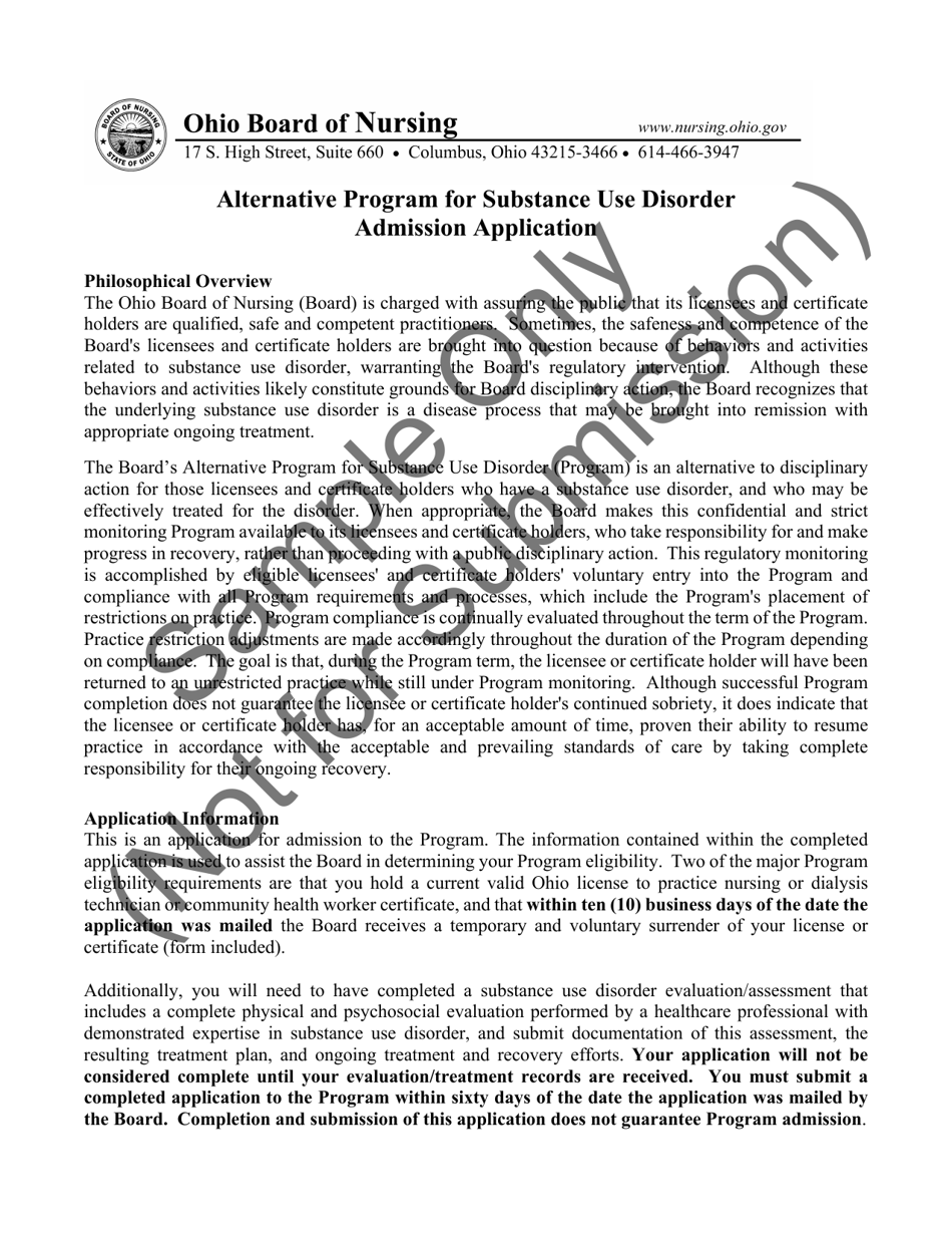 Alternative Program for Substance Use Disorder Admission Application - Ohio, Page 1