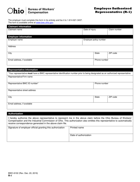 Form R-1 (BWC-6102) Employer Authorized Representative - Ohio