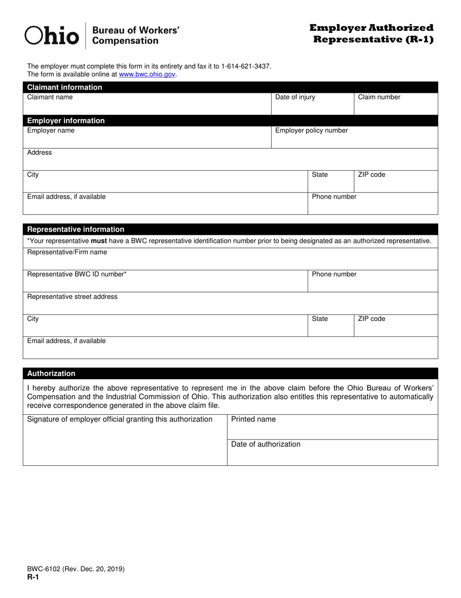 Form R-1 (BWC-6102) Employer Authorized Representative - Ohio, Page 1