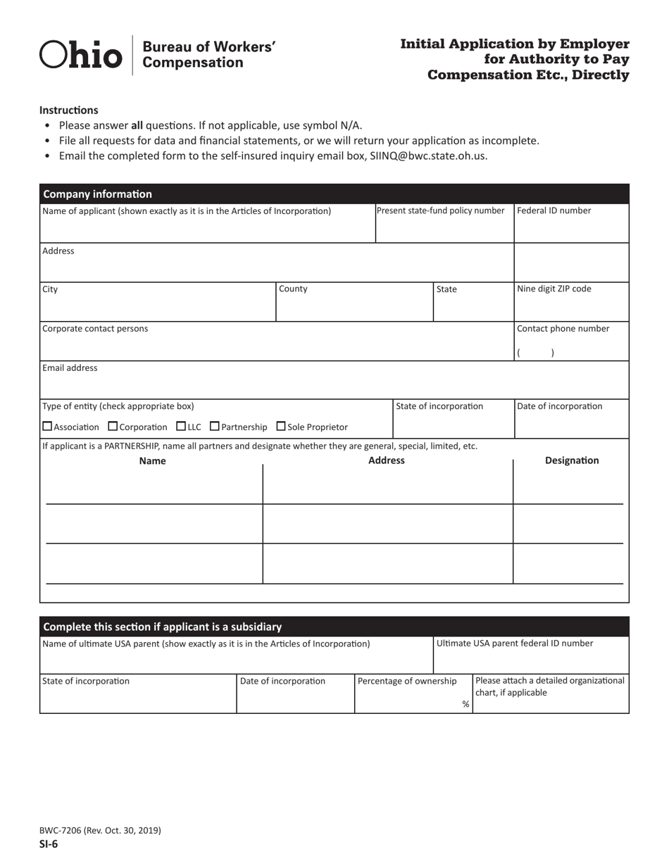 Form SI-6 (BWC-7206) Initial Application by Employer for Authority to Pay Compensation Etc., Directly - Ohio, Page 1