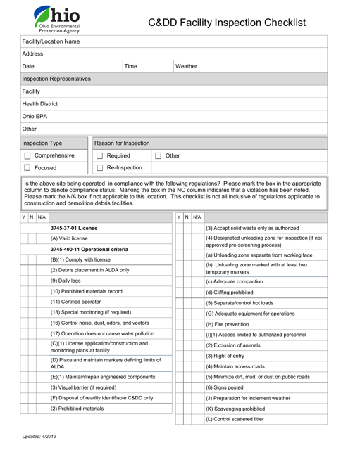 Form GD575 C&amp;DD Facility Inspection Checklist - Ohio