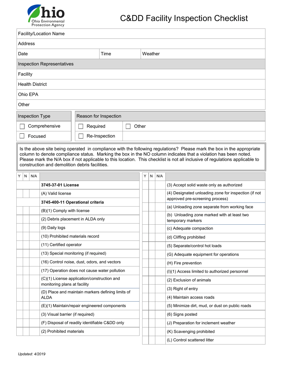 Form GD575 CDD Facility Inspection Checklist - Ohio, Page 1