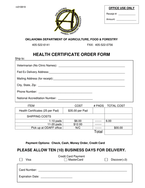 Health Certification Order Form - Oklahoma Download Pdf