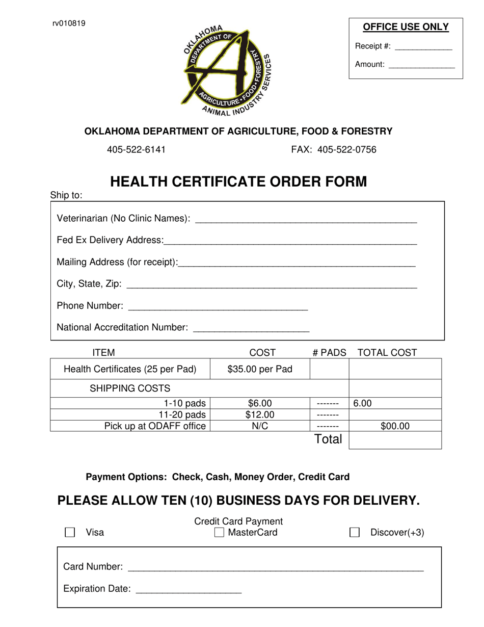 Health Certification Order Form - Oklahoma, Page 1