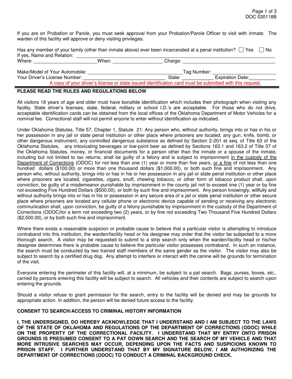 Form OP-030118B Visitors Request Form - Oklahoma, Page 2
