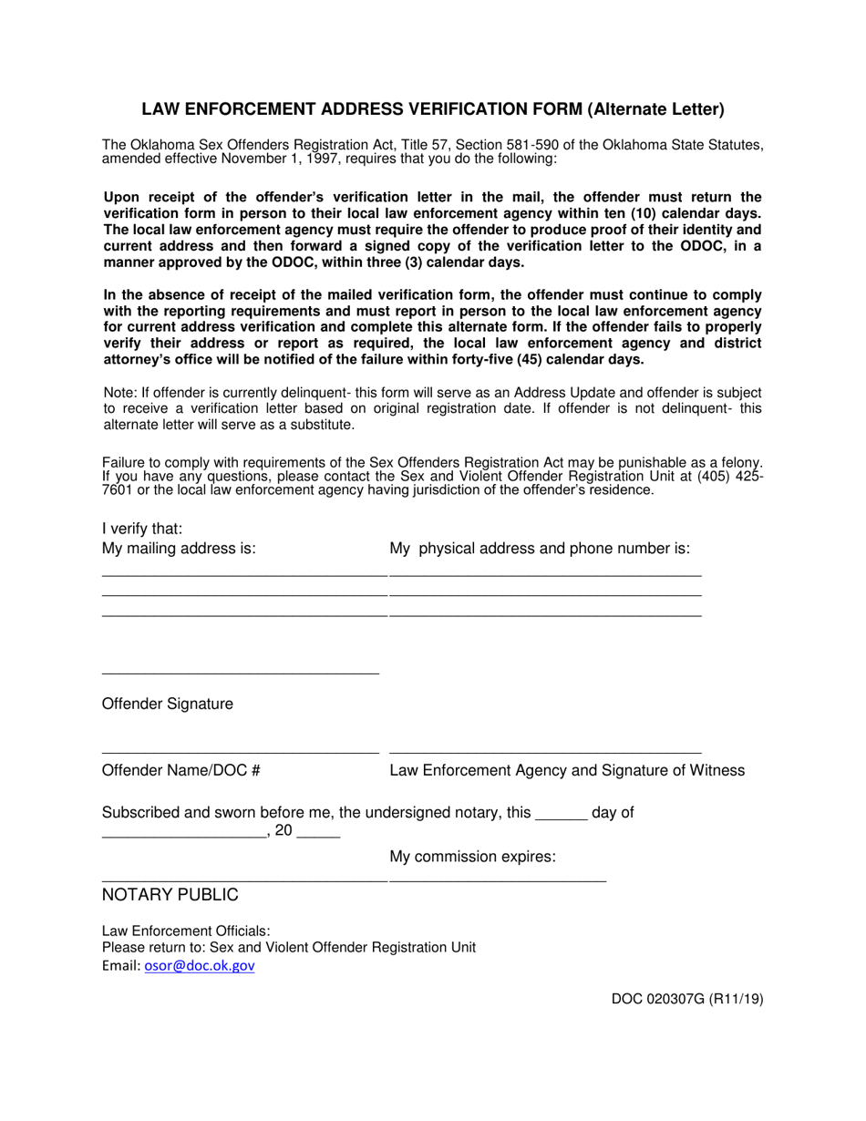 Form OP-020307G Law Enforcement Address Verification Form (Alternate Letter) - Oklahoma, Page 1