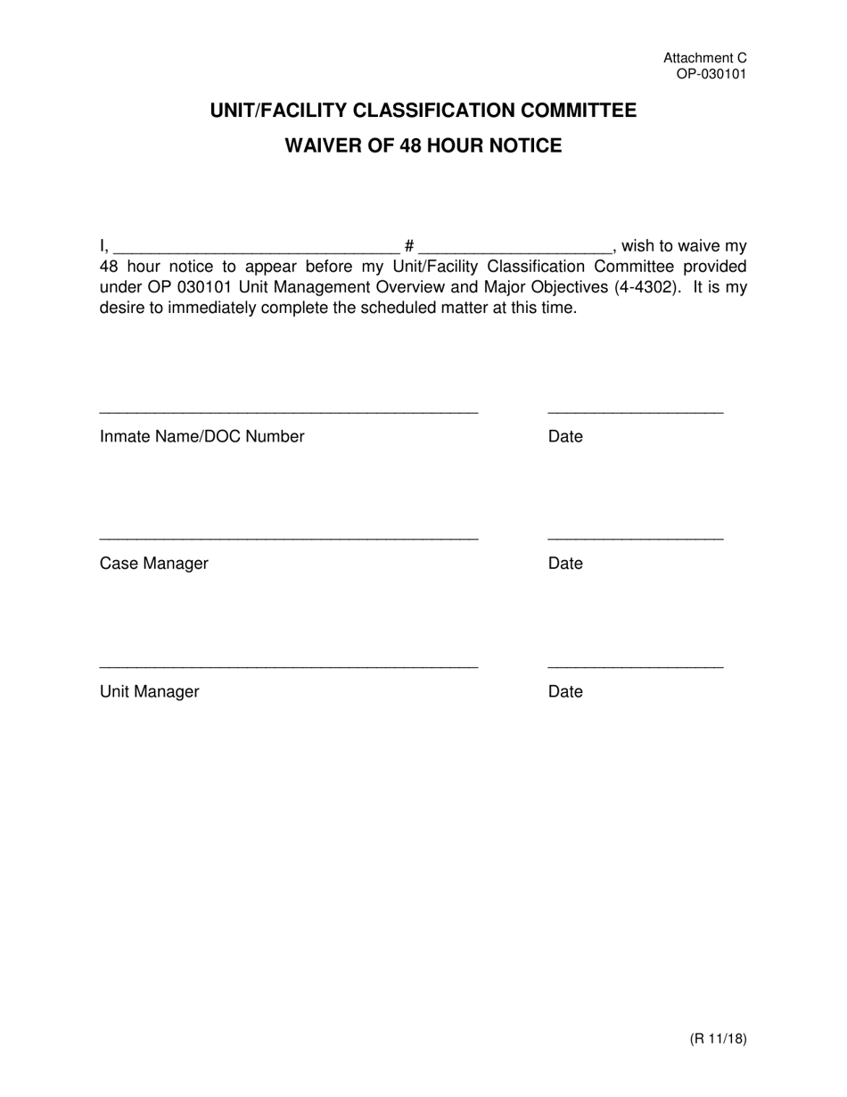 Form OP-030101 Attachment C Unit / Facility Classification Committee Waiver of 48 Hour Notice - Oklahoma, Page 1