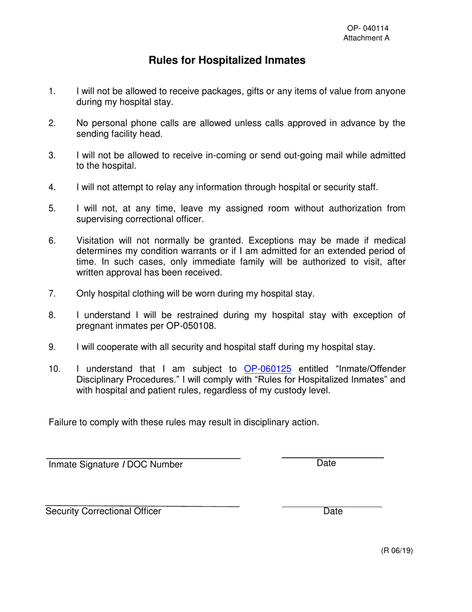 Form OP-040114 Attachment A Rules for Hospitalized Inmates - Oklahoma, Page 1