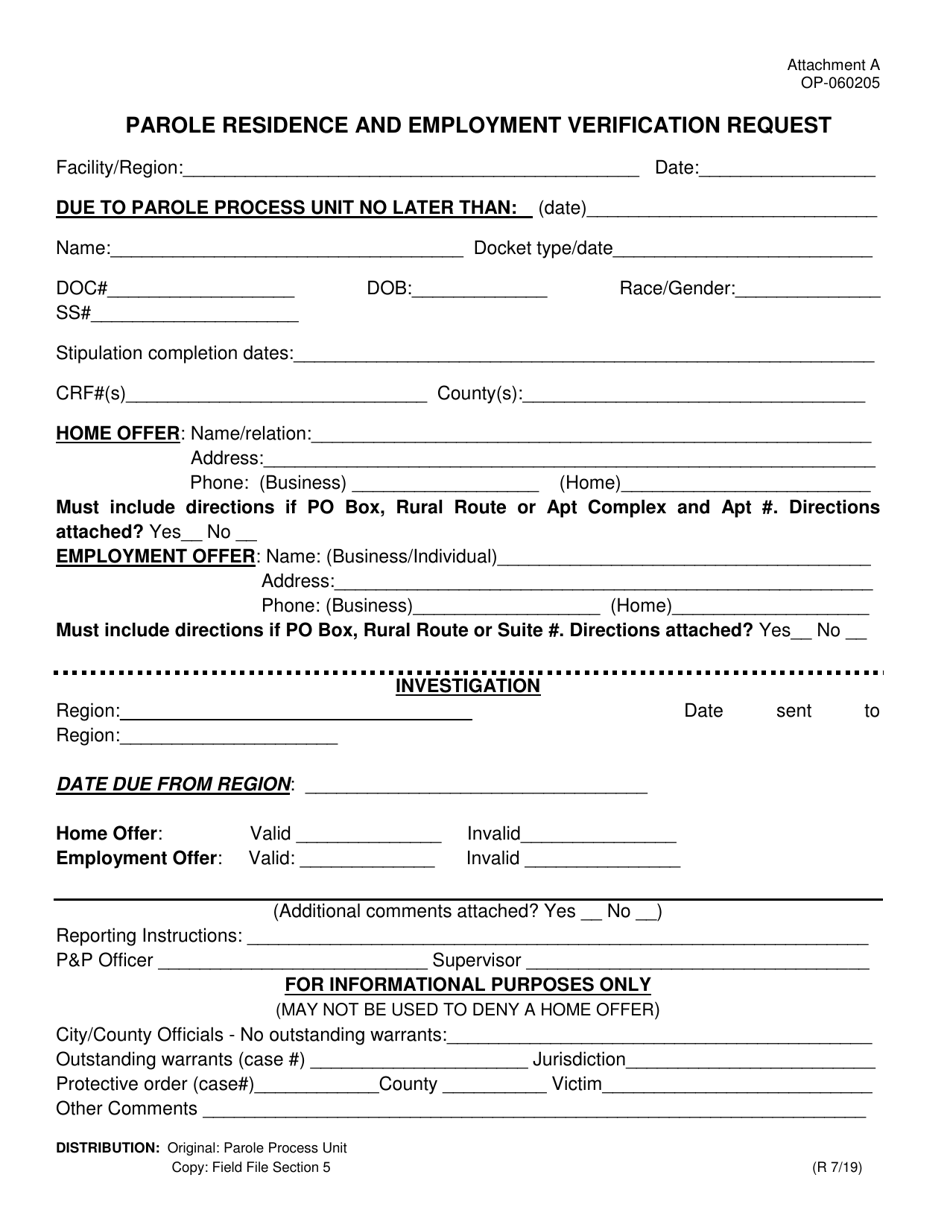 Form OP-060205 Attachment A Parole Residence and Employment Verification Request - Oklahoma, Page 1