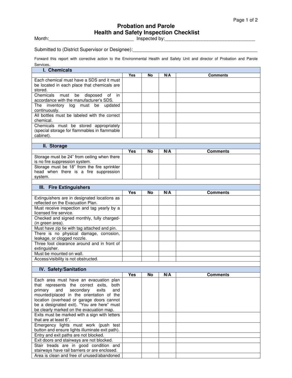 Form OP-130107C Probation and Parole Health and Safety Inspection Checklist - Oklahoma, Page 1